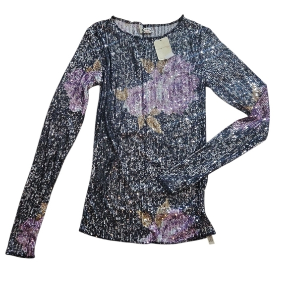 Free People Black and Purple Floral Sequin Long Sleeves Blouse Top - Picture 5 of 10
